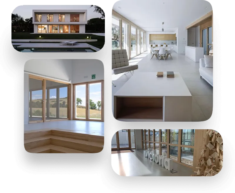 Collage de proyectos de ventanas y cerramientos de madera y aluminio: vivienda unifamiliar, interiores con grandes ventanales y fachada acristalada