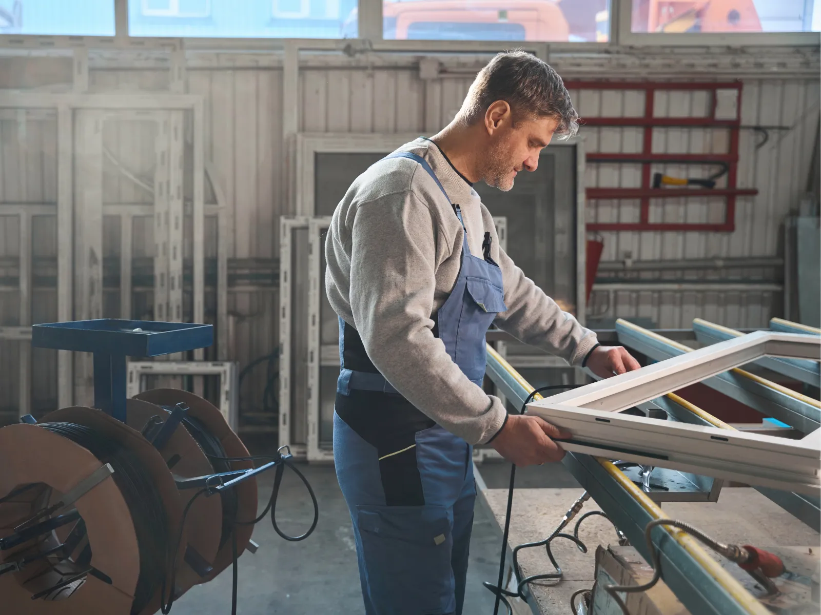 Operario ensamblando el marco de una ventana en el taller de fabricación